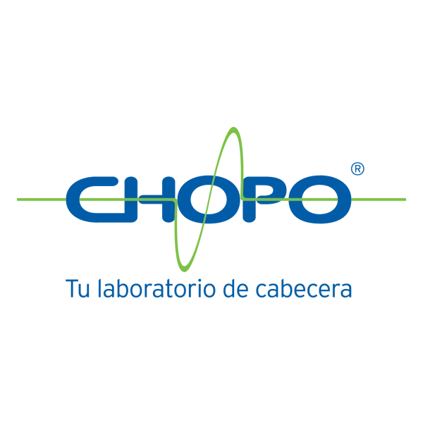 Logotipo de Chopo con texto azul y línea verde ondulada, acompañado del lema 'Tu laboratorio de cabecera' en la parte inferior.