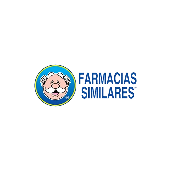 Farmacias Similares con una caricatura sonriente de un doctor de bigote blanco, cabello canoso, y fondo azul circular, acompañado del texto 'FARMACIAS SIMILARES' en mayúsculas de color azul.