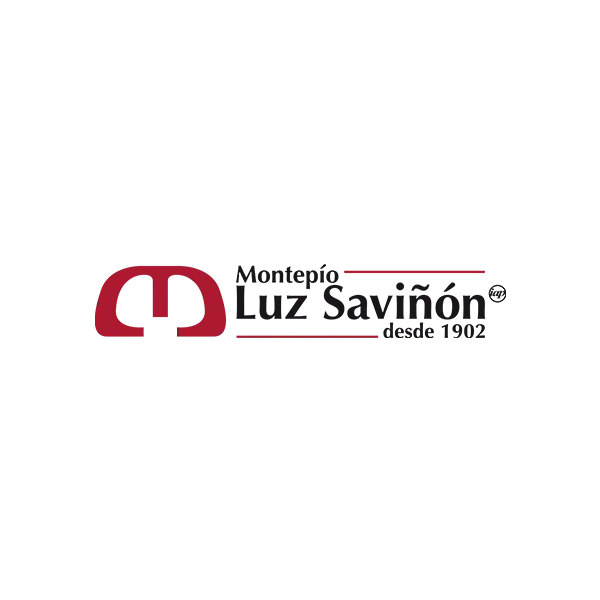 Logotipo de Montepío Luz Saviñón, con un símbolo rojo estilizado a la izquierda y el texto en negro que incluye 'Montepío Luz Saviñón desde 1902' con líneas horizontales rojas.