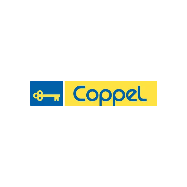 Logotipo de Coppel con una llave azul y texto en fondo amarillo